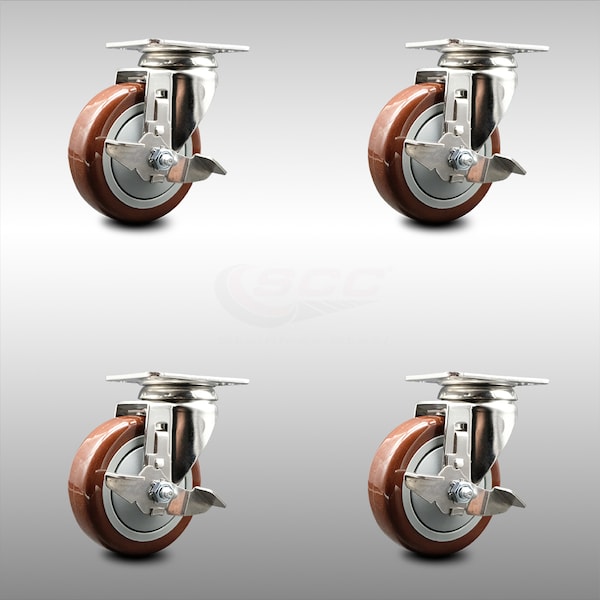 Service Caster 4 Inch 316SS Maroon Polyurethane Wheel Swivel Top Plate Caster Set with Brake SCC-SS31620S414-PPUB-MRN-TLB-4 - main